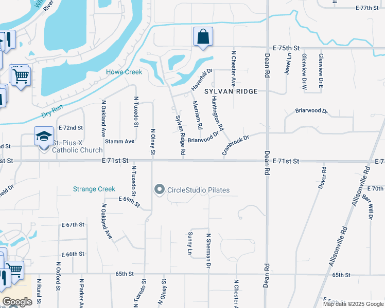 map of restaurants, bars, coffee shops, grocery stores, and more near 3712 East 71st Street in Indianapolis