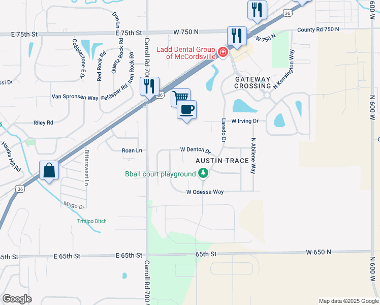 map of restaurants, bars, coffee shops, grocery stores, and more near 6811 West Denton Drive in McCordsville