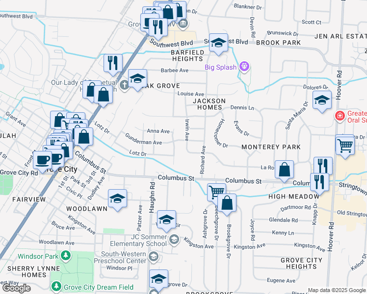 map of restaurants, bars, coffee shops, grocery stores, and more near 2972 Irwin Avenue in Grove City