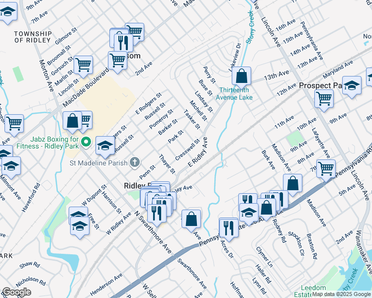 map of restaurants, bars, coffee shops, grocery stores, and more near 300 Kenny Street in Ridley Park