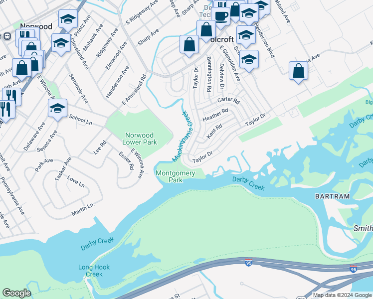 map of restaurants, bars, coffee shops, grocery stores, and more near 926 Taylor Drive in Folcroft