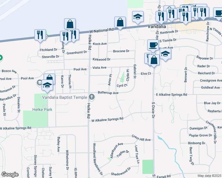 map of restaurants, bars, coffee shops, grocery stores, and more near 628 Amor Place in Vandalia