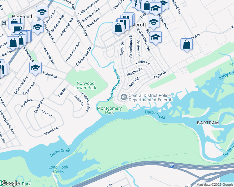 map of restaurants, bars, coffee shops, grocery stores, and more near 926 Taylor Drive in Folcroft