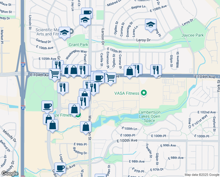map of restaurants, bars, coffee shops, grocery stores, and more near 780 E 104th Ave in Northglenn