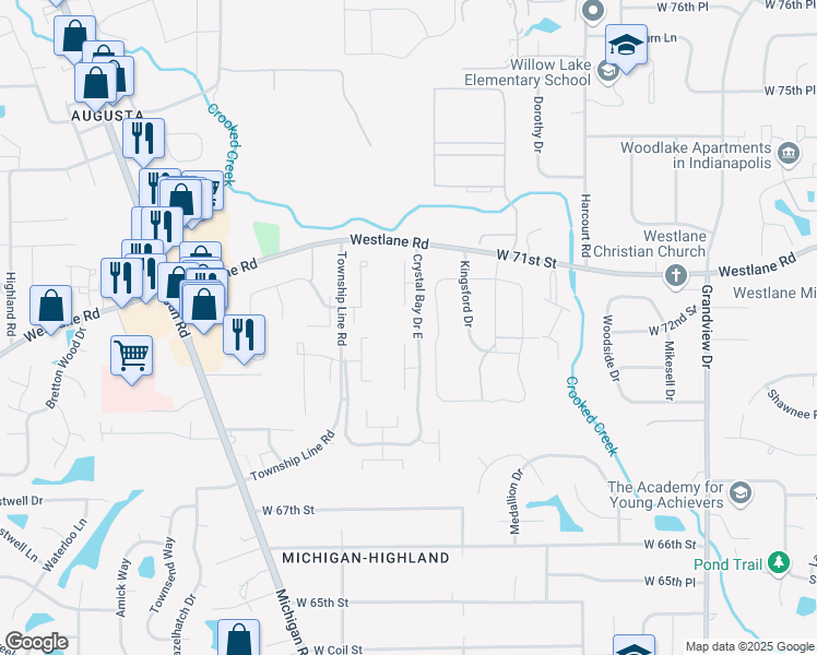 map of restaurants, bars, coffee shops, grocery stores, and more near 7136 Crystal Bay Drive East in Indianapolis