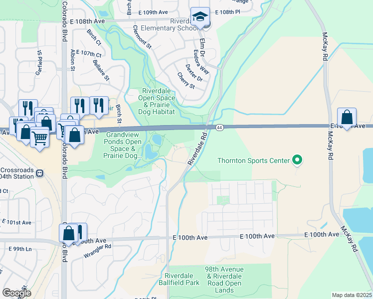 map of restaurants, bars, coffee shops, grocery stores, and more near 10390 Tumbleweed Drive in Thornton