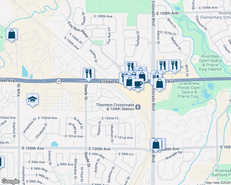 map of restaurants, bars, coffee shops, grocery stores, and more near 3260 East 103rd Drive in Thornton