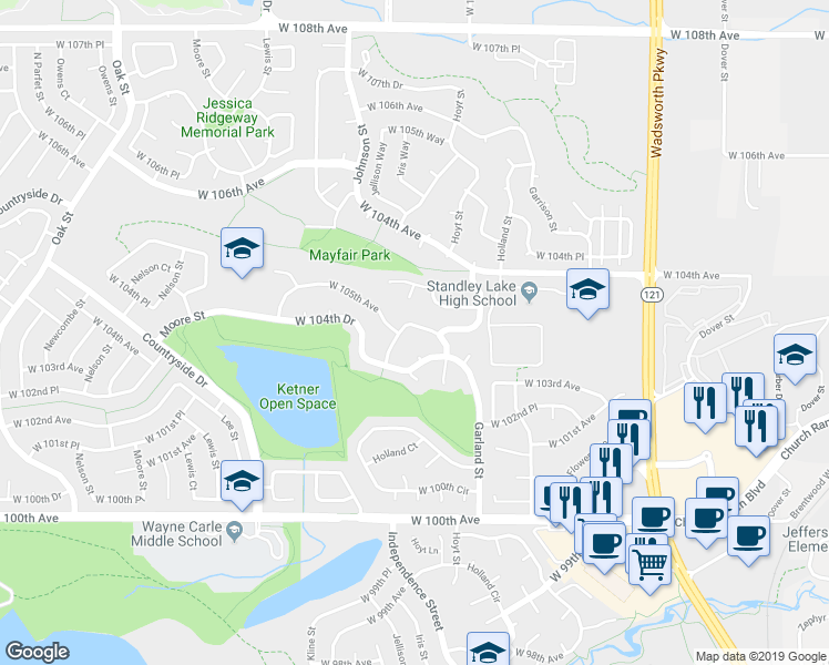 map of restaurants, bars, coffee shops, grocery stores, and more near 10451 Independence Circle in Westminster