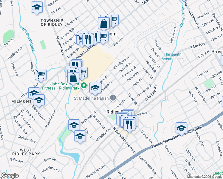 map of restaurants, bars, coffee shops, grocery stores, and more near 604 Morton Avenue in Ridley Park