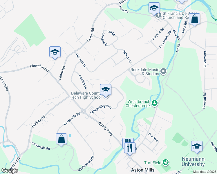 map of restaurants, bars, coffee shops, grocery stores, and more near 220 Spring Valley Way in Aston