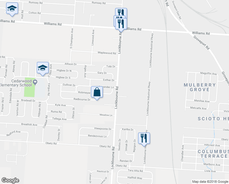 map of restaurants, bars, coffee shops, grocery stores, and more near 1086 Robmeyer Drive in Columbus