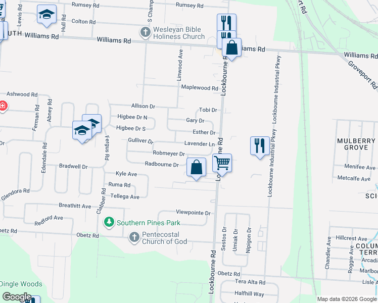 map of restaurants, bars, coffee shops, grocery stores, and more near 1047 Robmeyer Drive in Columbus