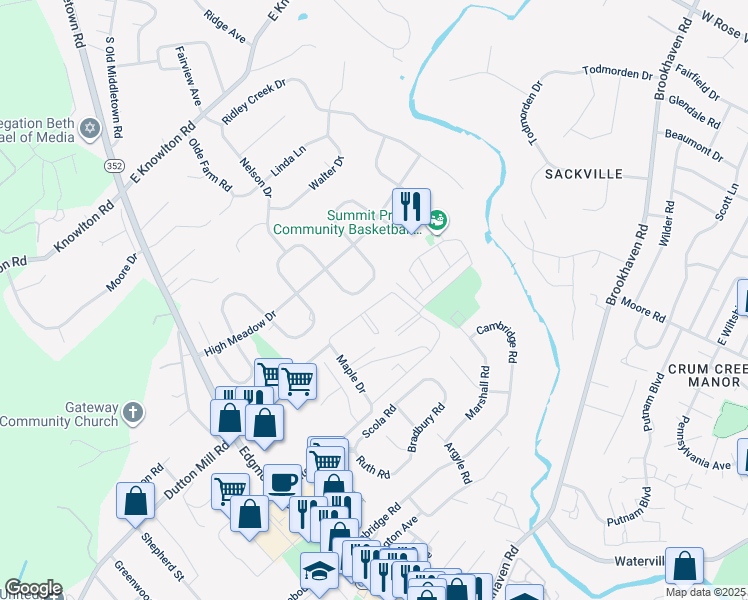 map of restaurants, bars, coffee shops, grocery stores, and more near 7205 Hilltop Drive in Brookhaven