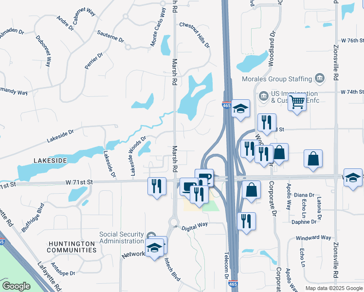 map of restaurants, bars, coffee shops, grocery stores, and more near 6402 Marsh Road in Indianapolis