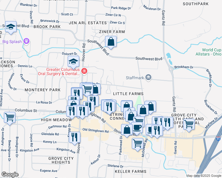 map of restaurants, bars, coffee shops, grocery stores, and more near 2303 Sonora Drive in Grove City