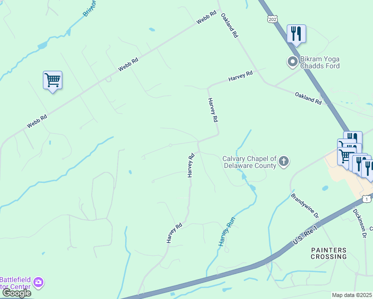 map of restaurants, bars, coffee shops, grocery stores, and more near 198 Harvey Road in Chadds Ford