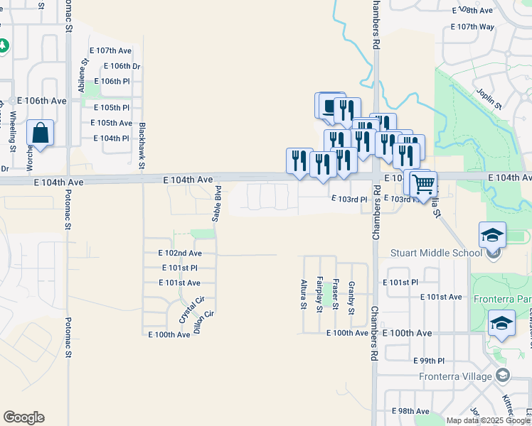 map of restaurants, bars, coffee shops, grocery stores, and more near 14700 East 104th Avenue in Commerce City
