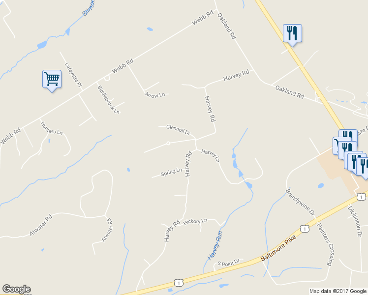 map of restaurants, bars, coffee shops, grocery stores, and more near 198 Harvey Road in Chadds Ford