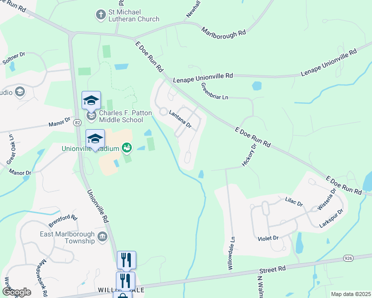 map of restaurants, bars, coffee shops, grocery stores, and more near 337 Astilbe Drive in Kennett Square