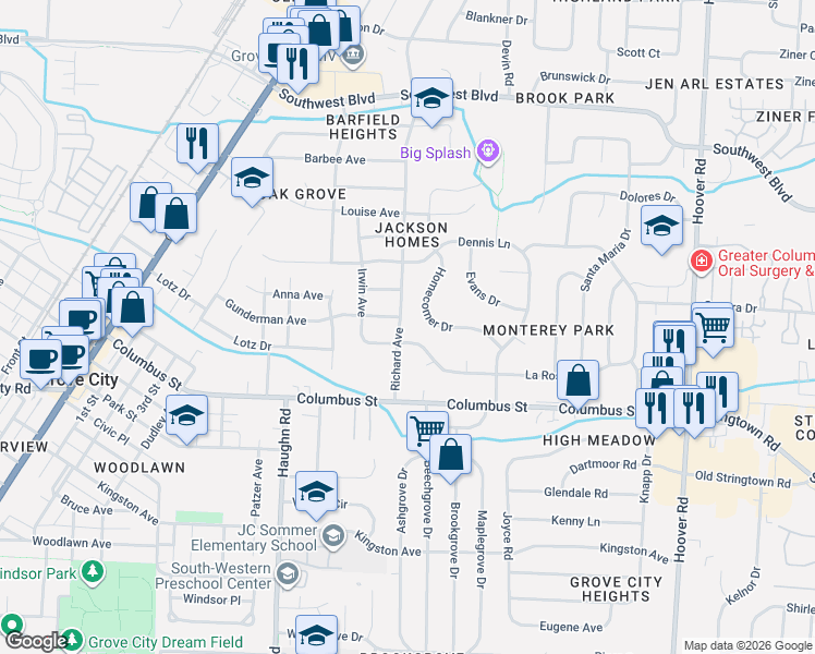 map of restaurants, bars, coffee shops, grocery stores, and more near 2926 La Rosa Drive in Grove City