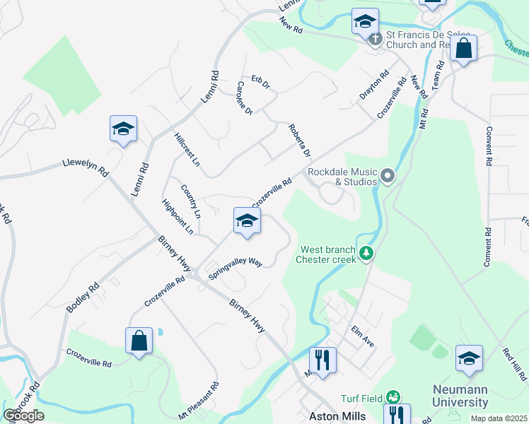 map of restaurants, bars, coffee shops, grocery stores, and more near 232 Spring Valley Way in Aston