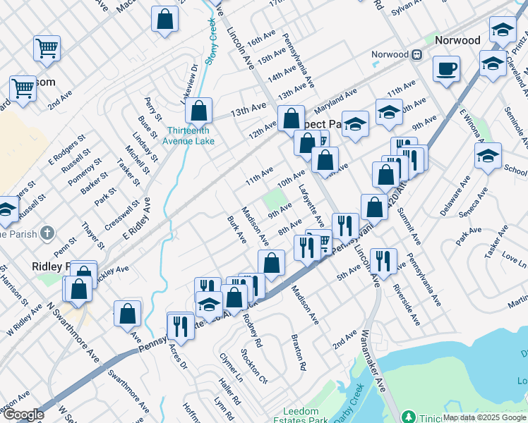 map of restaurants, bars, coffee shops, grocery stores, and more near 905 Madison Avenue in Prospect Park