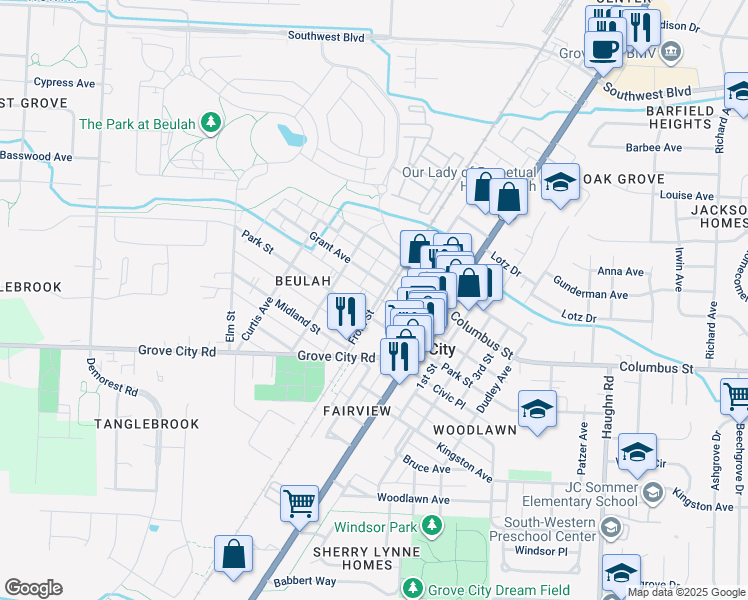 map of restaurants, bars, coffee shops, grocery stores, and more near 3950 Front Street in Grove City