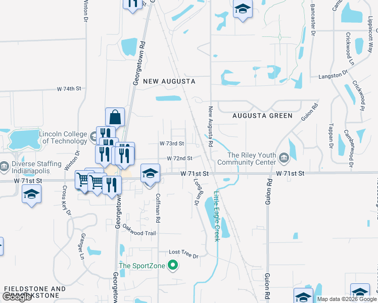 map of restaurants, bars, coffee shops, grocery stores, and more near 4540 West 72nd Street in Indianapolis