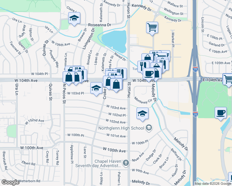 map of restaurants, bars, coffee shops, grocery stores, and more near 970 West 104th Avenue in Northglenn