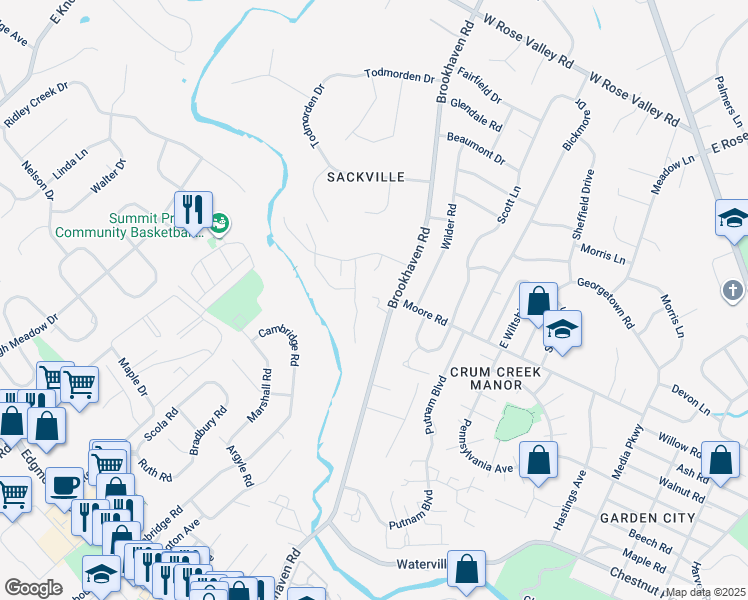 map of restaurants, bars, coffee shops, grocery stores, and more near 705 Brookhaven Road in Delaware County