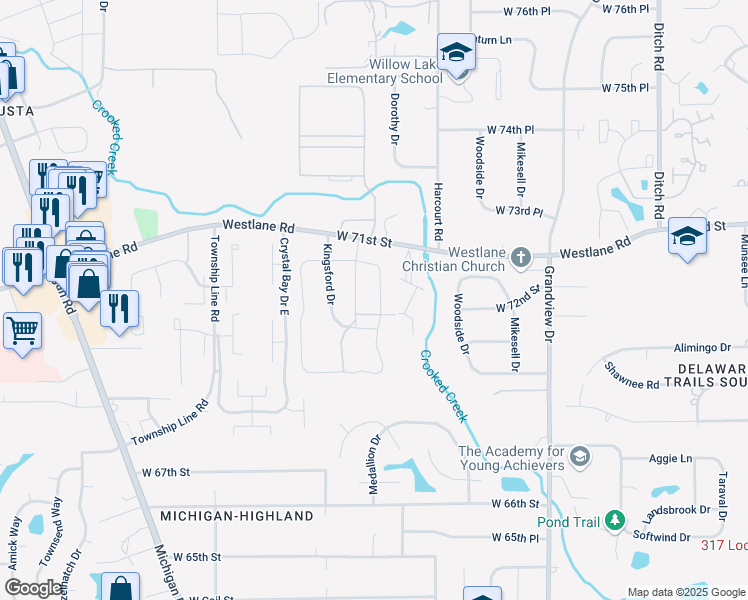 map of restaurants, bars, coffee shops, grocery stores, and more near 7162 Shrewsbury Lane in Indianapolis