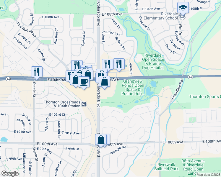 map of restaurants, bars, coffee shops, grocery stores, and more near 4220 East 104th Avenue in Thornton