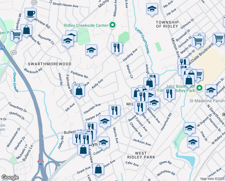 map of restaurants, bars, coffee shops, grocery stores, and more near 915 Eisenhower Avenue in Woodlyn
