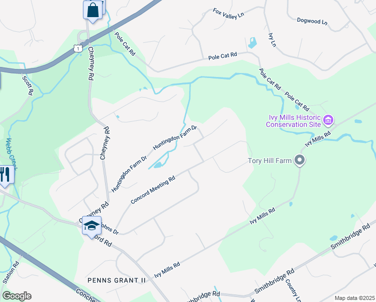 map of restaurants, bars, coffee shops, grocery stores, and more near 7 Big Woods Drive West in Delaware County