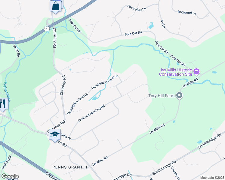 map of restaurants, bars, coffee shops, grocery stores, and more near 7 Big Woods Drive West in Delaware County