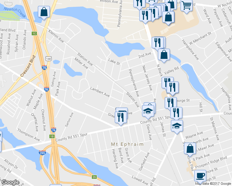 map of restaurants, bars, coffee shops, grocery stores, and more near 720 Cedar Avenue in Mount Ephraim