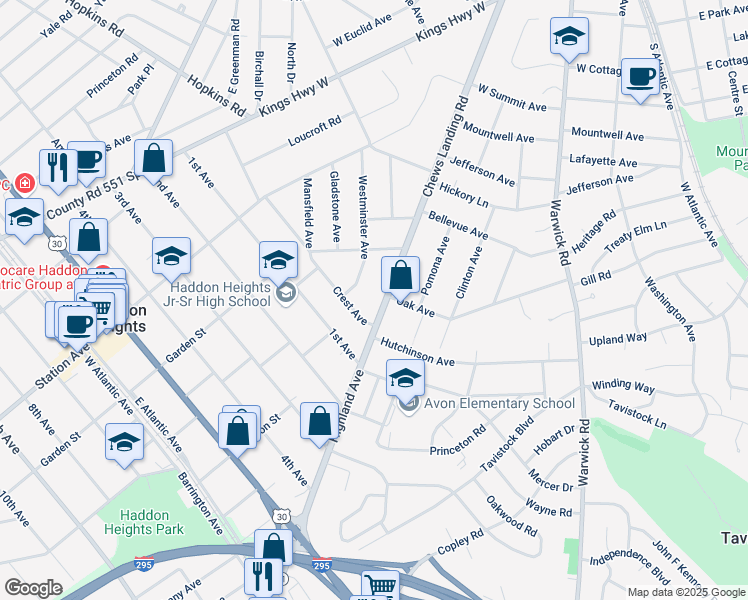 map of restaurants, bars, coffee shops, grocery stores, and more near 411 Crest Avenue in Haddon Heights