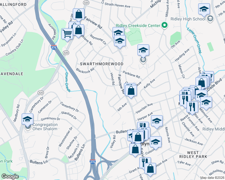 map of restaurants, bars, coffee shops, grocery stores, and more near 1307 Ardsley Road in Swarthmore