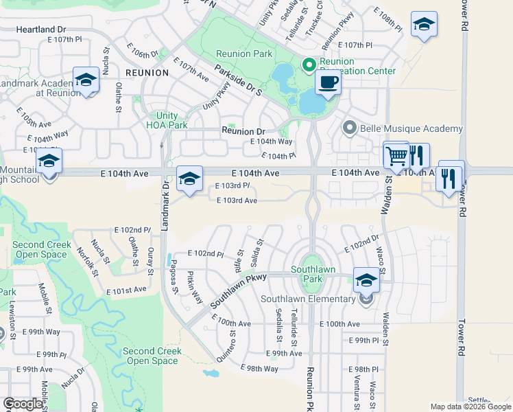 map of restaurants, bars, coffee shops, grocery stores, and more near 17486 East 103rd Avenue in Commerce City