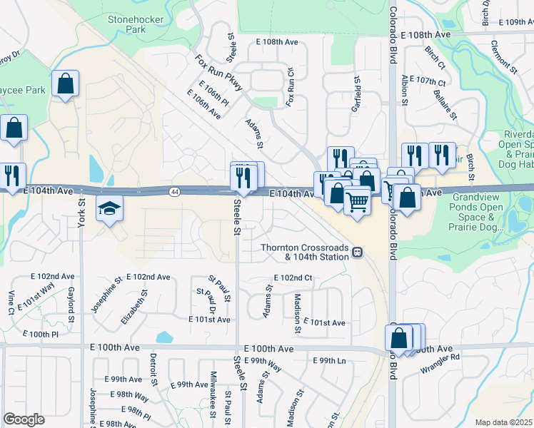 map of restaurants, bars, coffee shops, grocery stores, and more near 10370 Cook Way in Denver