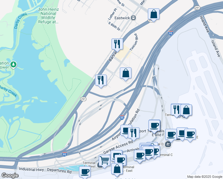 map of restaurants, bars, coffee shops, grocery stores, and more near 9000 Tinicum Boulevard in Philadelphia