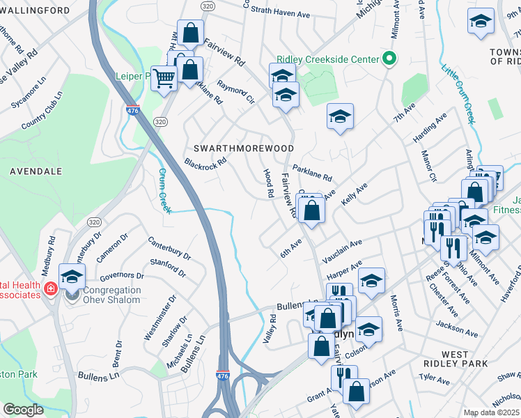 map of restaurants, bars, coffee shops, grocery stores, and more near 720 Swarthmorewood Lane in Swarthmore