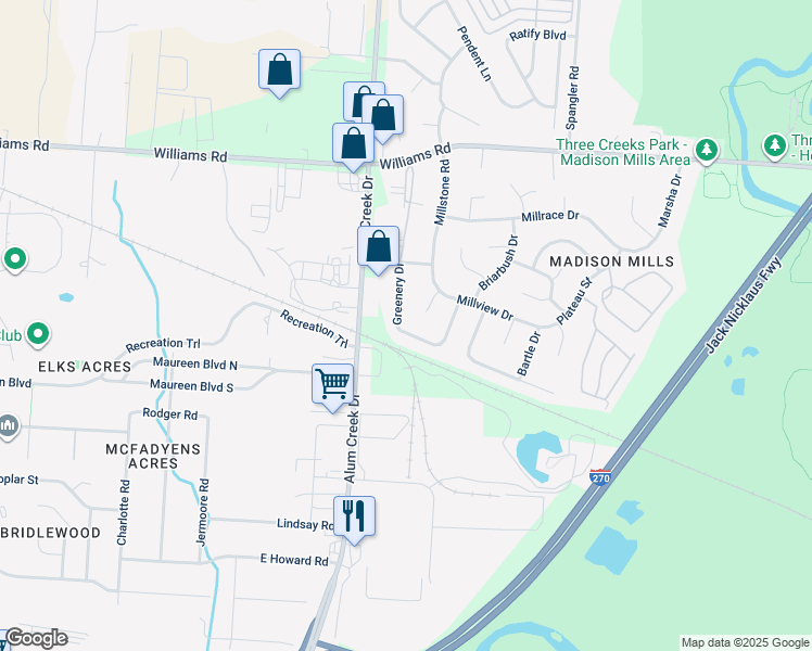 map of restaurants, bars, coffee shops, grocery stores, and more near 4083 Greenery Drive in Columbus