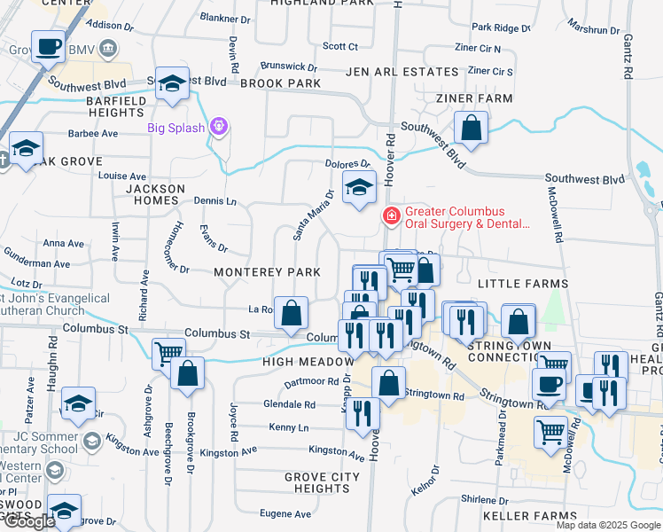 map of restaurants, bars, coffee shops, grocery stores, and more near 3918 La Rosa Drive in Grove City