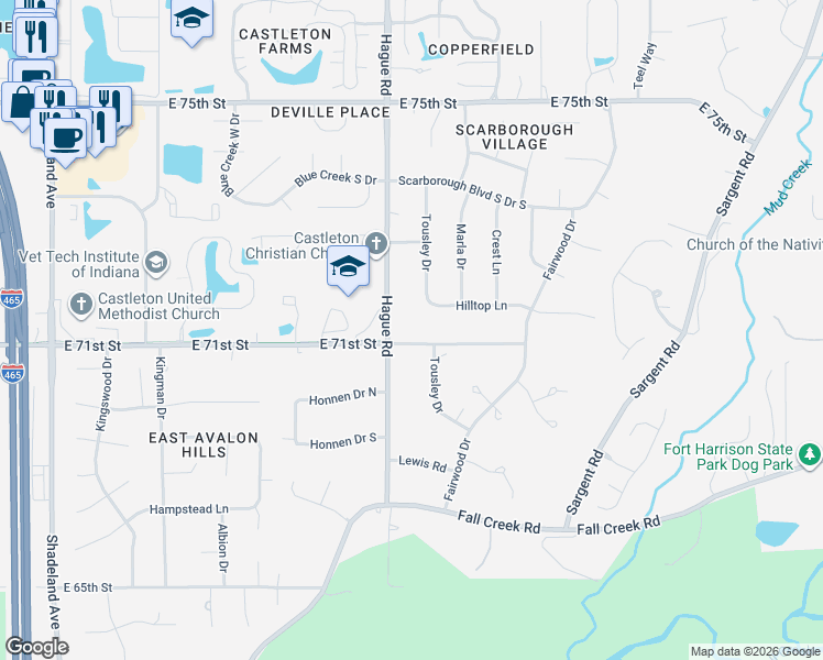 map of restaurants, bars, coffee shops, grocery stores, and more near 7101 Hague Road in Indianapolis