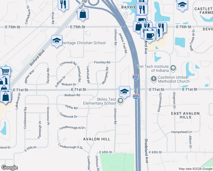 map of restaurants, bars, coffee shops, grocery stores, and more near 6660 Hythe Road in Indianapolis