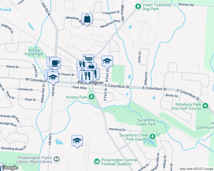 map of restaurants, bars, coffee shops, grocery stores, and more near 106 East Columbus Street in Pickerington