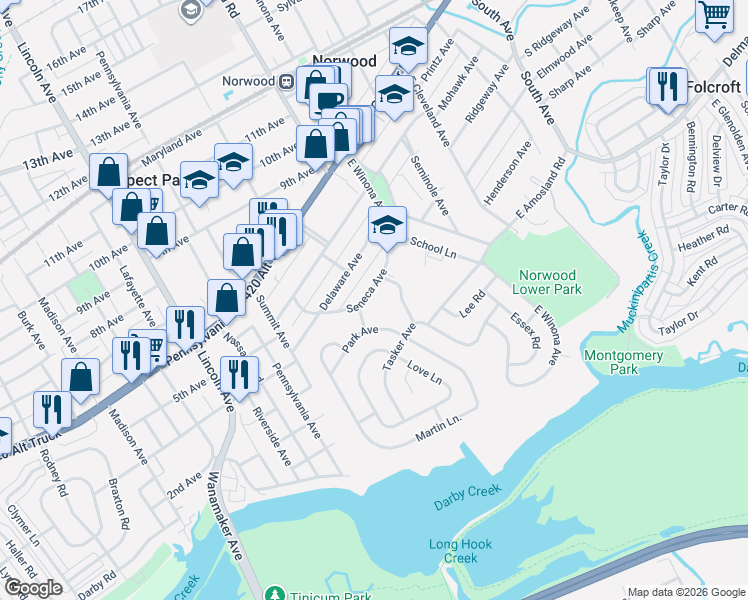 map of restaurants, bars, coffee shops, grocery stores, and more near 5 Poole Plaza in Norwood
