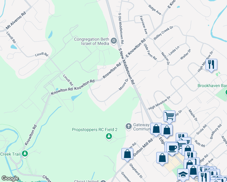 map of restaurants, bars, coffee shops, grocery stores, and more near 115 Moore Drive in Media