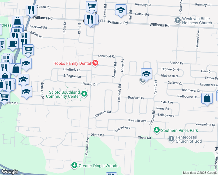 map of restaurants, bars, coffee shops, grocery stores, and more near 588 Frazier Road North in Columbus